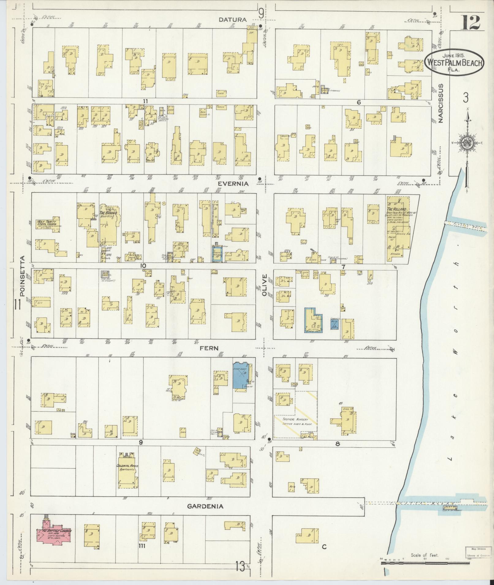 Sanborn Fire Insurance Map from West Palm Beach, Dade County, Florida (1915), Sheet #0012 - Complete Map Set gallery image, historic Sanborn map, vintage wall art, Florida Florida