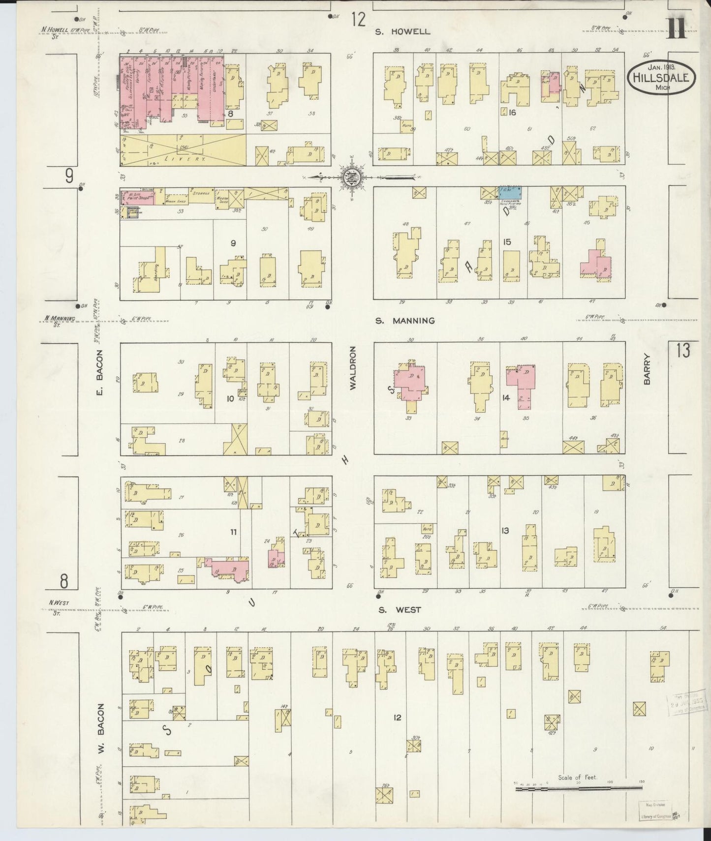 Sanborn Fire Insurance Map from Hillsdale, Hillsdale County, Michigan (1913), Sheet #0011 - Complete Map Set gallery image, historic Sanborn map, vintage wall art, Michigan Michigan