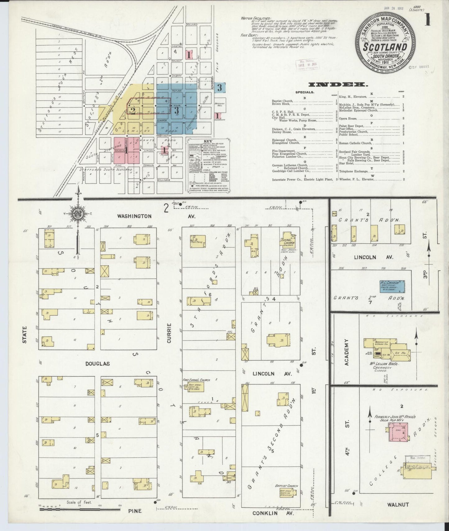 Sanborn Fire Insurance Map from Scotland, Bon Homme County, South Dakota (1911), Sheet #0001 - Complete Map Set gallery image, historic Sanborn map, vintage wall art, South Dakota South Dakota
