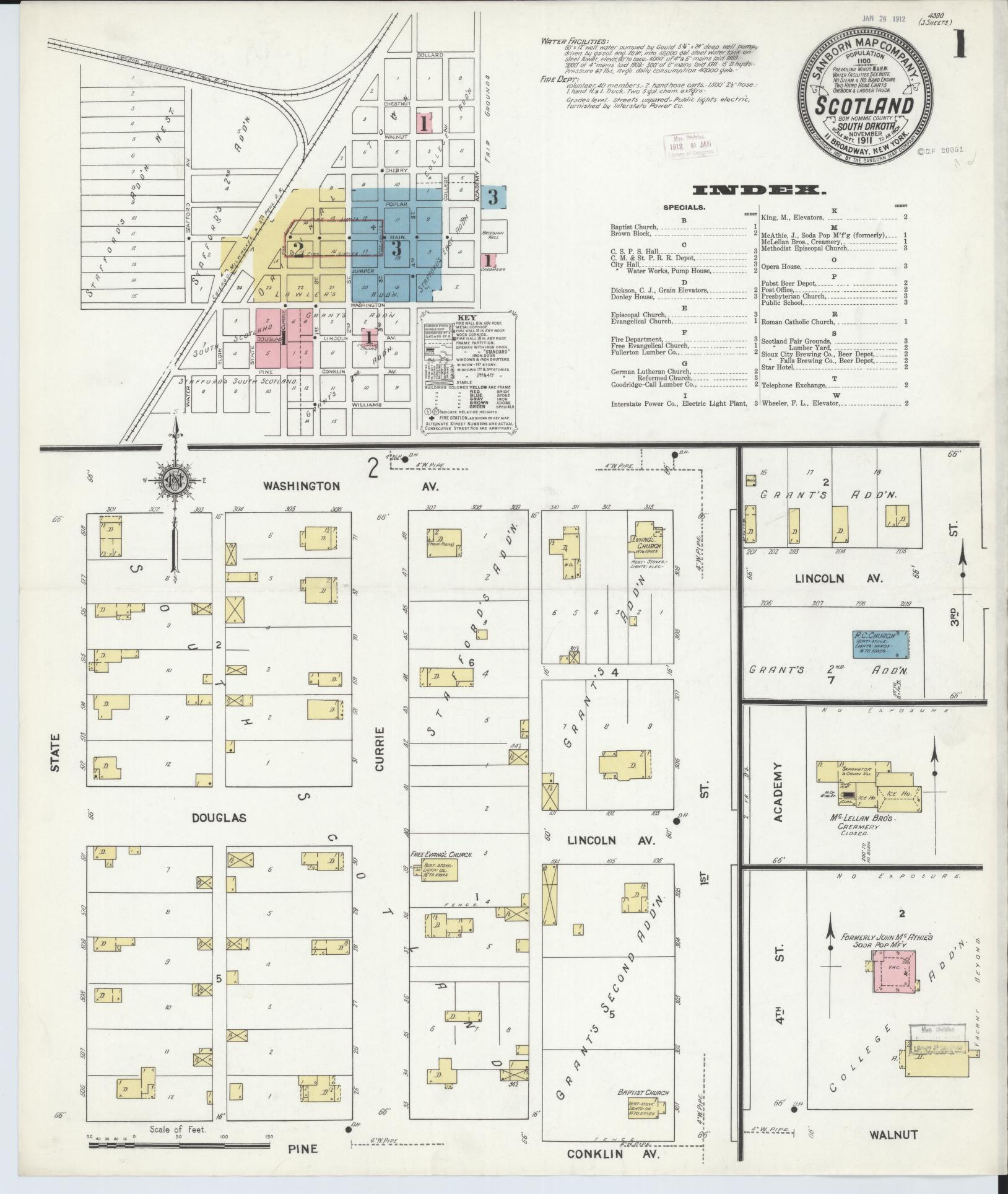 Sanborn Fire Insurance Map from Scotland, Bon Homme County, South Dakota (1911), Sheet #0001 - Complete Map Set gallery image, historic Sanborn map, vintage wall art, South Dakota South Dakota