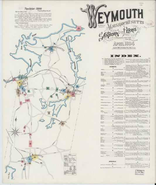 Sanborn Fire Insurance Map from Weymouth, Norfolk County, Massachusetts (1894), Sheet #0001 - Complete Map Set gallery image, historic Sanborn map, vintage wall art, Massachusetts Massachusetts