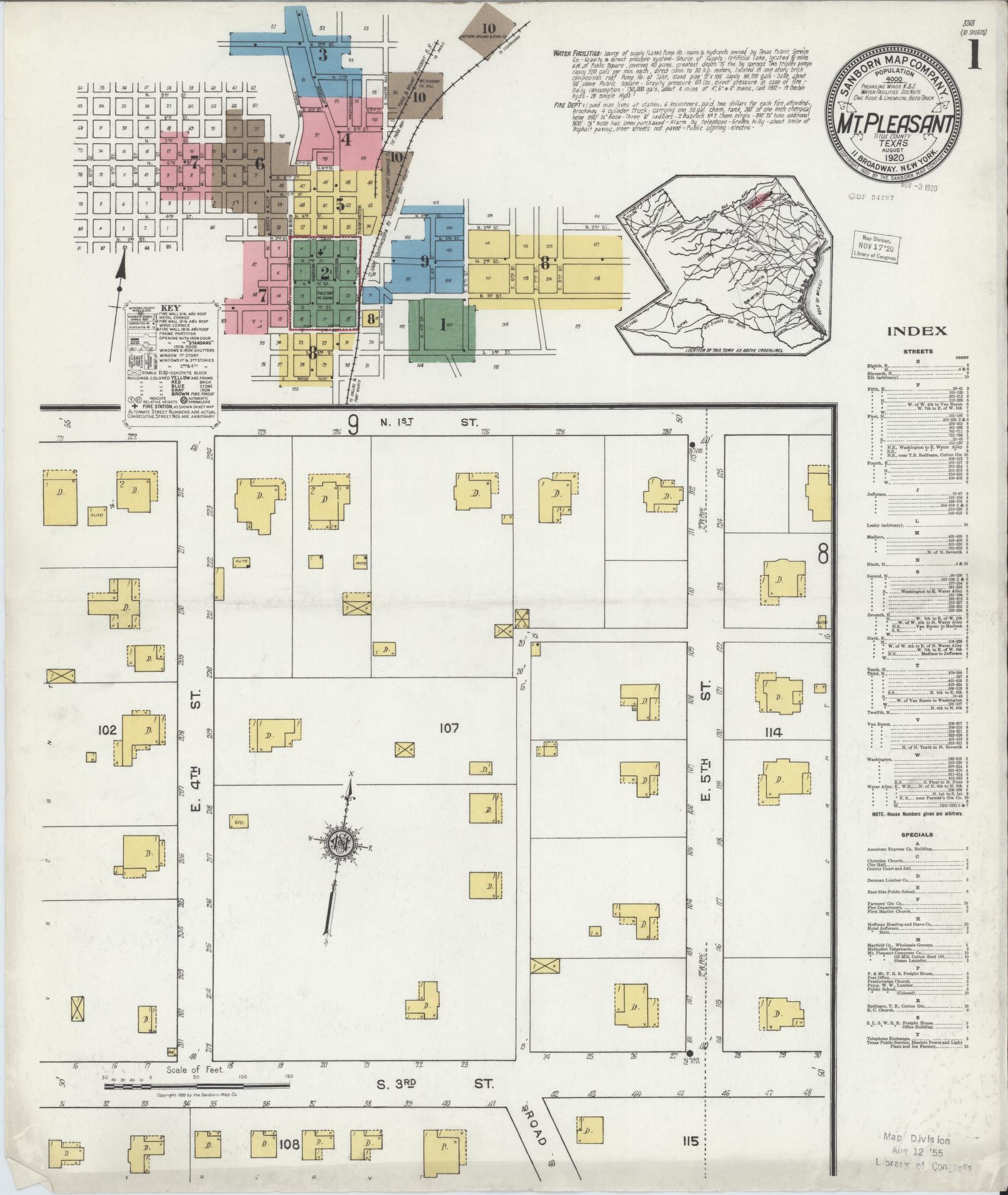 Sanborn Fire Insurance Map from Mount Pleasant, Titus County, Texas. (1920) – Historic Sanborn Fire Insurance Map Print