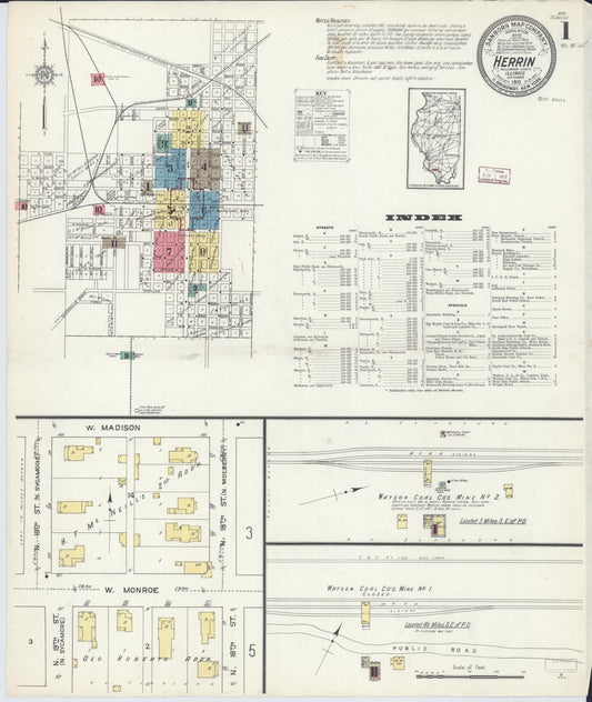 Sanborn Fire Insurance Map from Herrin, Williamson County, Illinois (1913), Sheet #0001 - Historic Sanborn Fire Insurance Map Print, vintage old map wall art, antique decor, genealogy gift, Illinois Illinois map