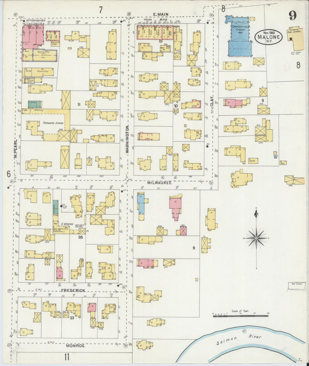 Sanborn Fire Insurance Map from Malone, Franklin County, New York (1903), Sheet #0009 - Historic Sanborn Fire Insurance Map Print, vintage old map wall art, antique decor, genealogy gift, New York New York map