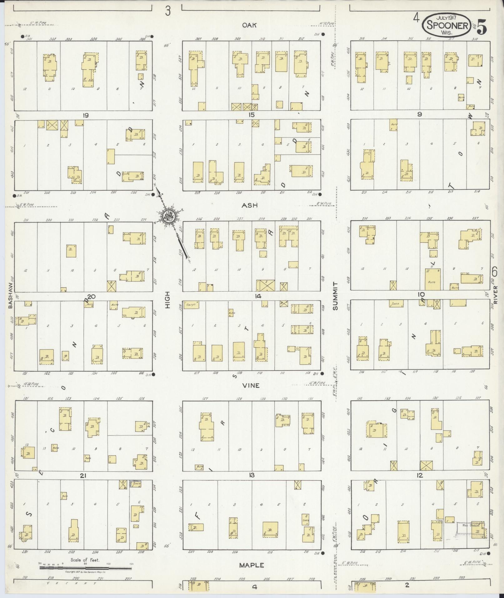 Sanborn Fire Insurance Map from Spooner, Washburn County, Wisconsin (1917), Sheet #0005 - Complete Map Set gallery image, historic Sanborn map, vintage wall art, Wisconsin Wisconsin