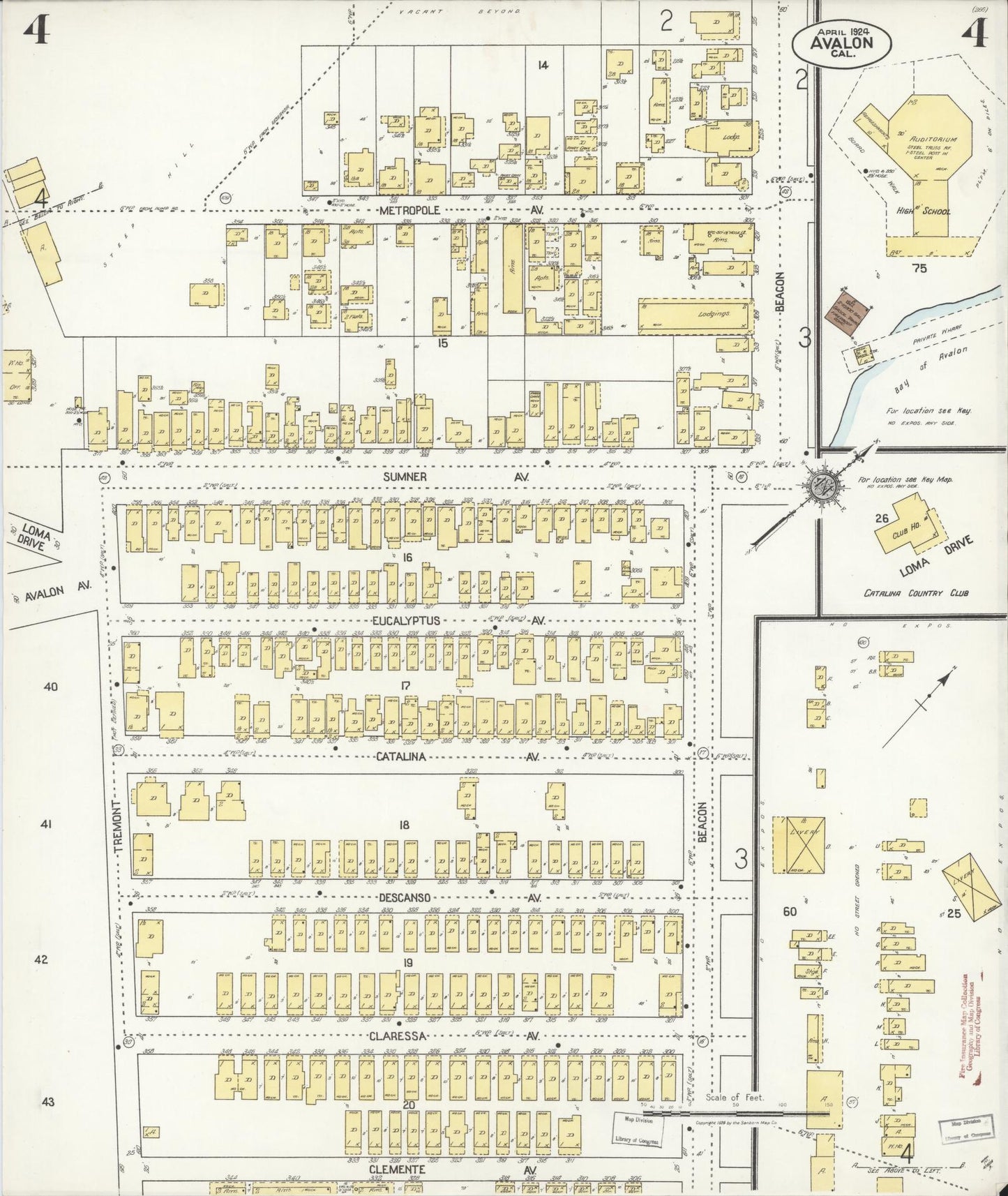Sanborn Fire Insurance Map from Avalon, Los Angeles County, California (1924), Sheet #0004 - Historic Sanborn Fire Insurance Map Print, vintage old map wall art, antique decor, genealogy gift, California California map