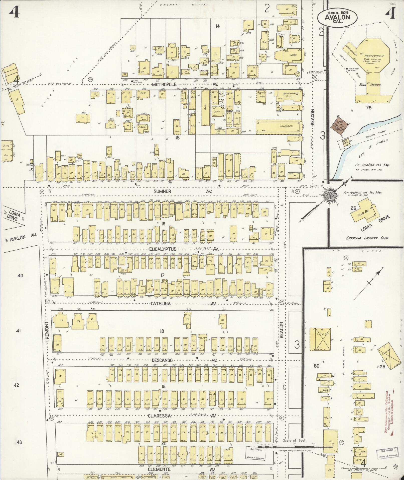 Sanborn Fire Insurance Map from Avalon, Los Angeles County, California (1924), Sheet #0004 - Historic Sanborn Fire Insurance Map Print, vintage old map wall art, antique decor, genealogy gift, California California map