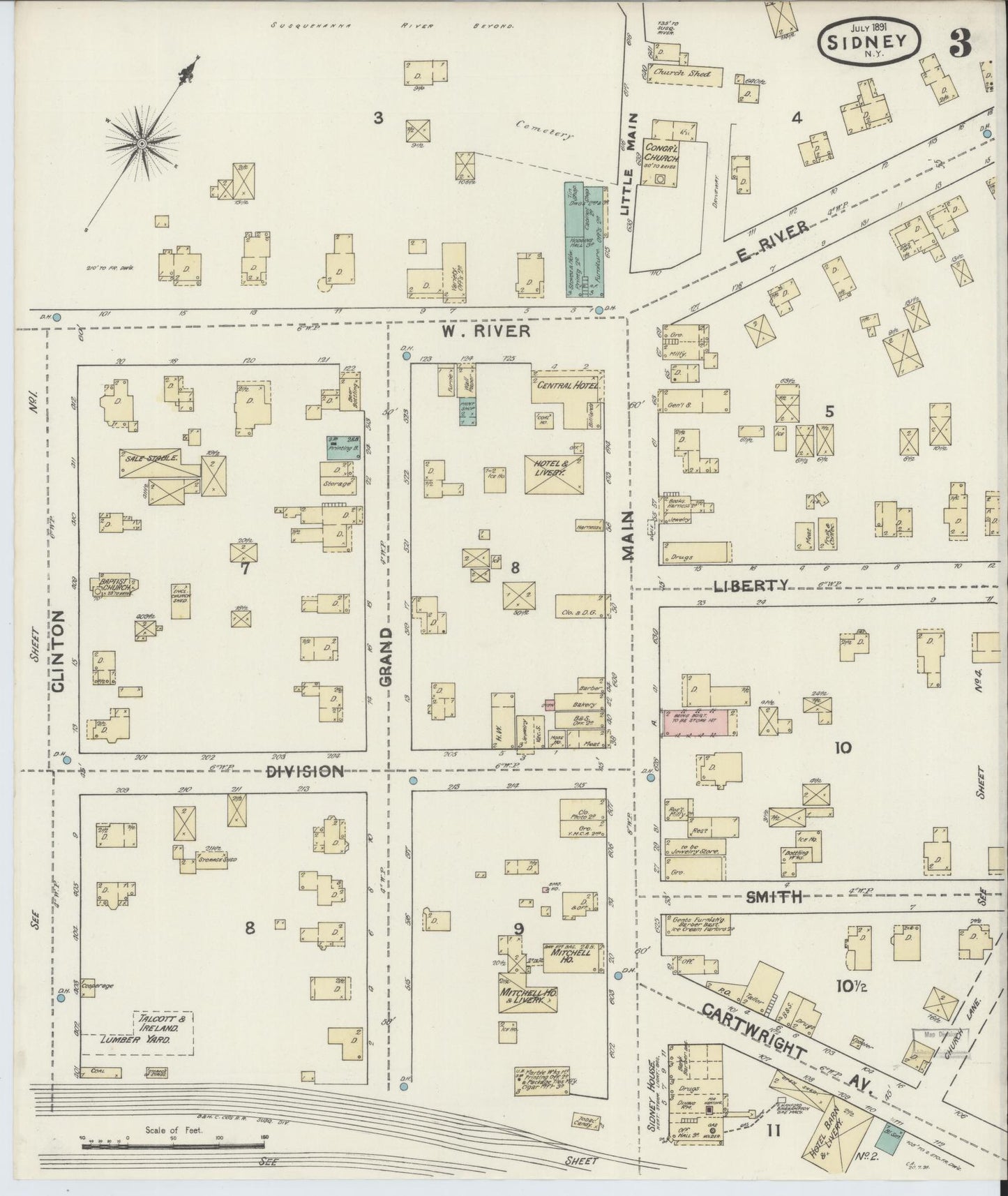 Sanborn Fire Insurance Map from Sidney, Delaware County, New York (1891), Sheet #0003 - Complete Map Set gallery image, historic Sanborn map, vintage wall art, Sidney Delaware