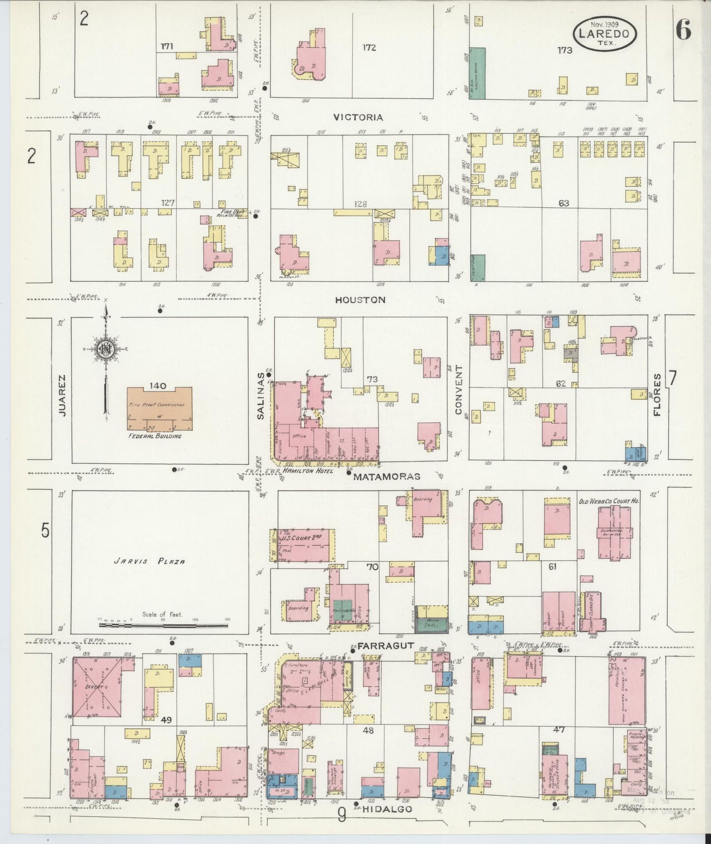 Sanborn Fire Insurance Map from Laredo, Webb County, Texas (1909), Sheet #0006 - Historic Sanborn Fire Insurance Map Print, vintage old map wall art, antique decor, genealogy gift, Texas Texas map