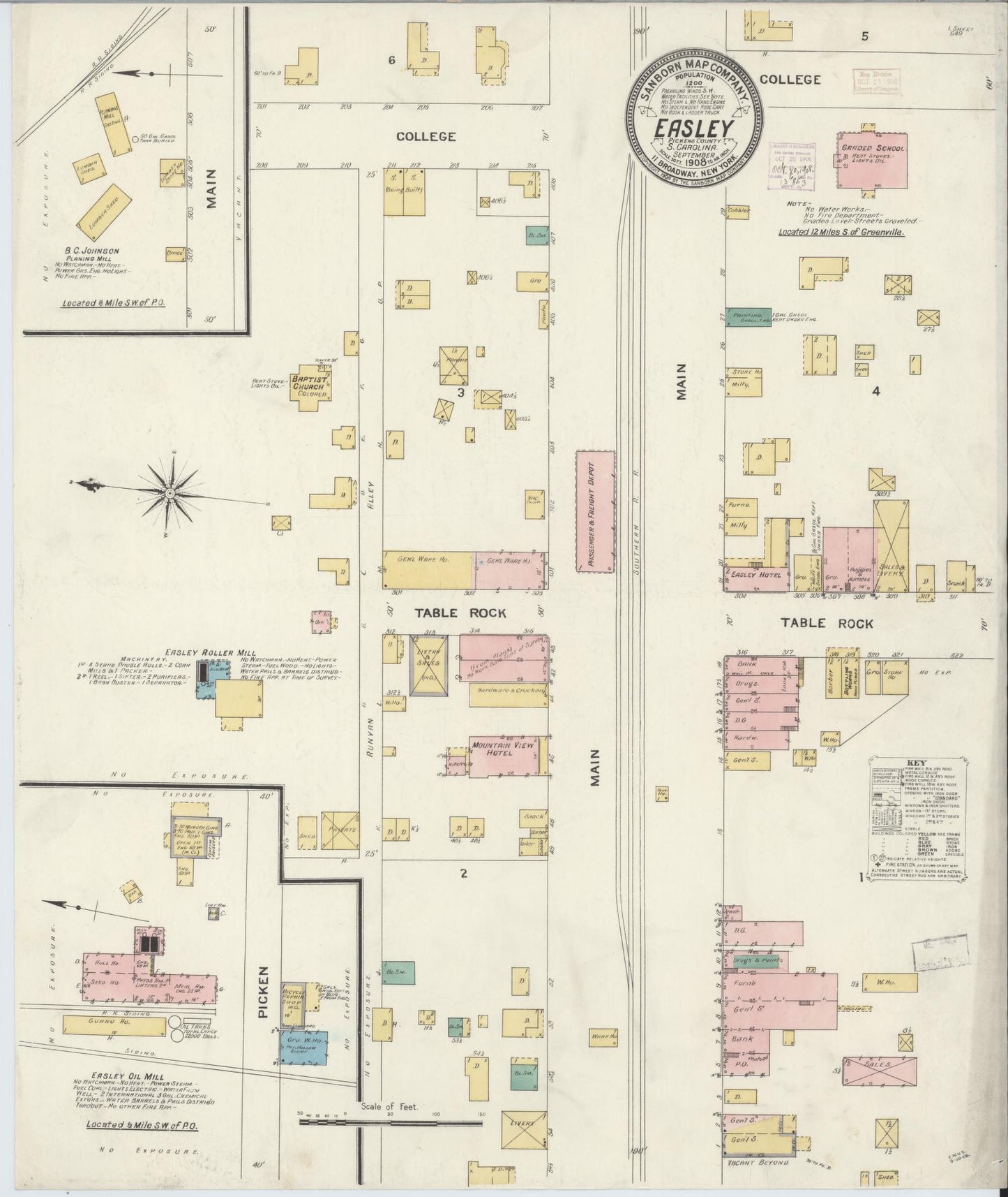 Sanborn Fire Insurance Map from Easley, Pickens County, South Carolina (1908), Sheet #0001 - Historic Sanborn Fire Insurance Map Print, vintage old map wall art, antique decor, genealogy gift, South Carolina South Carolina map