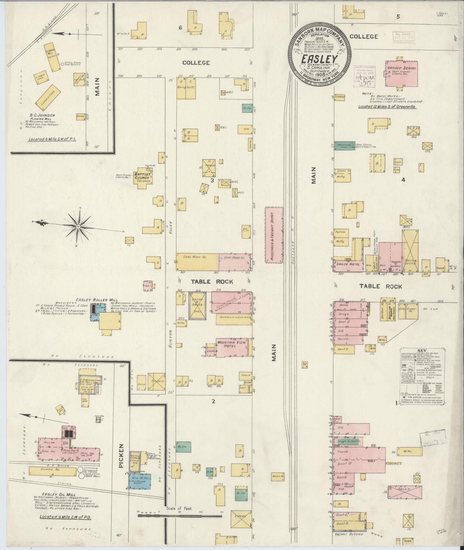 Sanborn Fire Insurance Map from Easley, Pickens County, South Carolina (1908), Sheet #0001 - Historic Sanborn Fire Insurance Map Print, vintage old map wall art, antique decor, genealogy gift, South Carolina South Carolina map