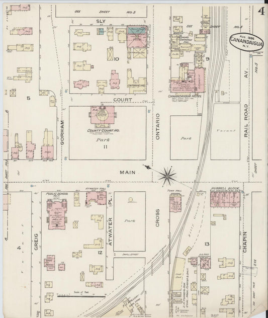 Sanborn Fire Insurance Map from Canandaigua, Ontario County, New York (1886), Sheet #0004 - Historic Sanborn Fire Insurance Map Print, vintage old map wall art, antique decor, genealogy gift, New York New York map