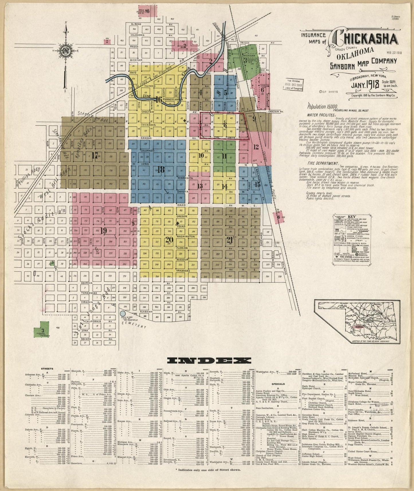 Sanborn Fire Insurance Map from Chickasha, Grady County, Oklahoma (1918), Sheet #0001 - Historic Sanborn Fire Insurance Map Print, vintage old map wall art, antique decor, genealogy gift, Oklahoma Oklahoma map