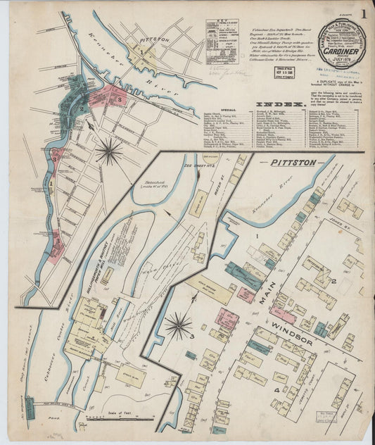 Sanborn Fire Insurance Map from Gardiner, Kennebec County, Maine (1878), Sheet #0001 - Historic Sanborn Fire Insurance Map Print, vintage old map wall art, antique decor, genealogy gift, Maine Maine map
