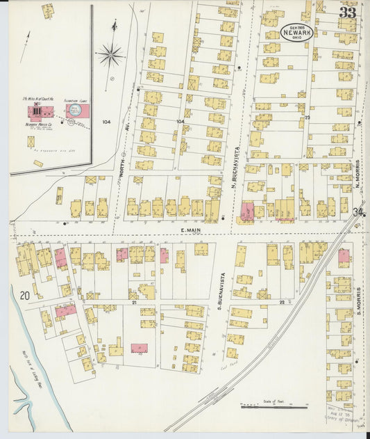 Sanborn Fire Insurance Map from Newark, Licking County, Ohio (1905), Sheet #0033 - Historic Sanborn Fire Insurance Map Print, vintage old map wall art, antique decor, genealogy gift, Ohio Ohio map