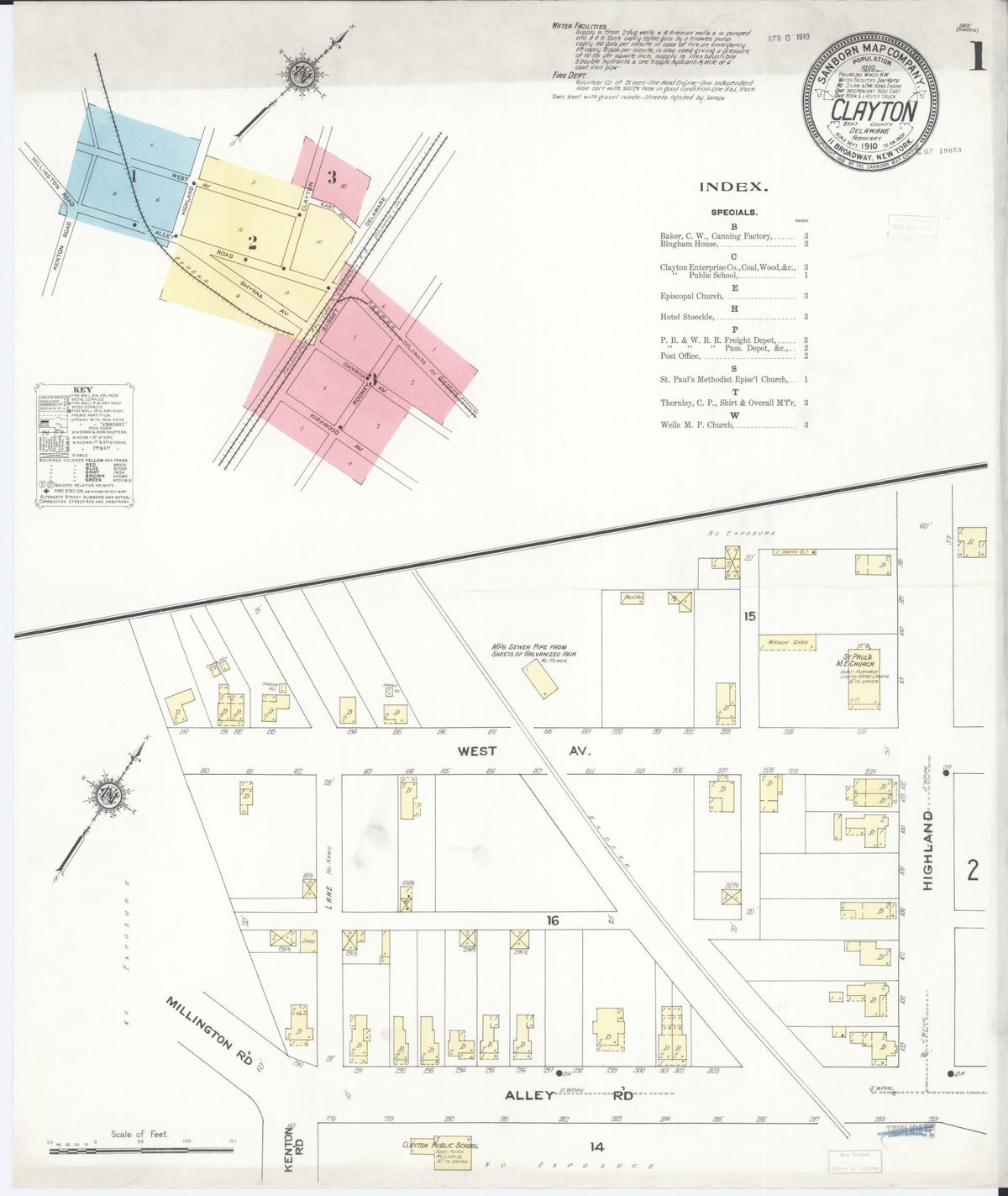 Sanborn Fire Insurance Map from Clayton, Kent County, Delaware (1910), Sheet #0001 - Historic Sanborn Fire Insurance Map Print, vintage old map wall art, antique decor, genealogy gift, Delaware Delaware map
