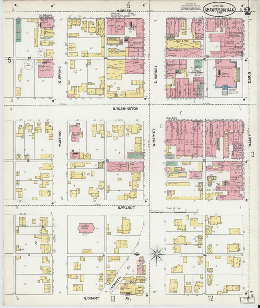 Sanborn Fire Insurance Map from Crawfordsville, Montgomery County, Indiana (1902), Sheet #0002 - Historic Sanborn Fire Insurance Map Print, vintage old map wall art, antique decor, genealogy gift, Indiana Indiana map