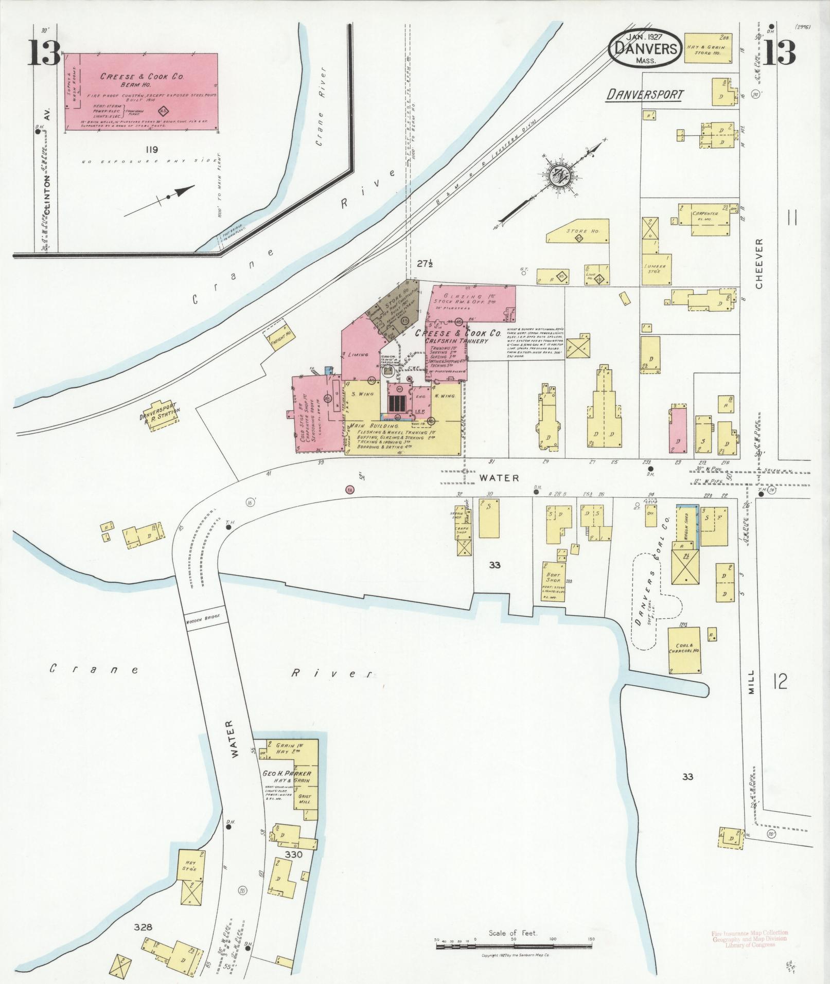 Sanborn Fire Insurance Map from Danvers, Essex County, Massachusetts (1927), Sheet #0013 - Historic Sanborn Fire Insurance Map Print, vintage old map wall art, antique decor, genealogy gift, Massachusetts Massachusetts map