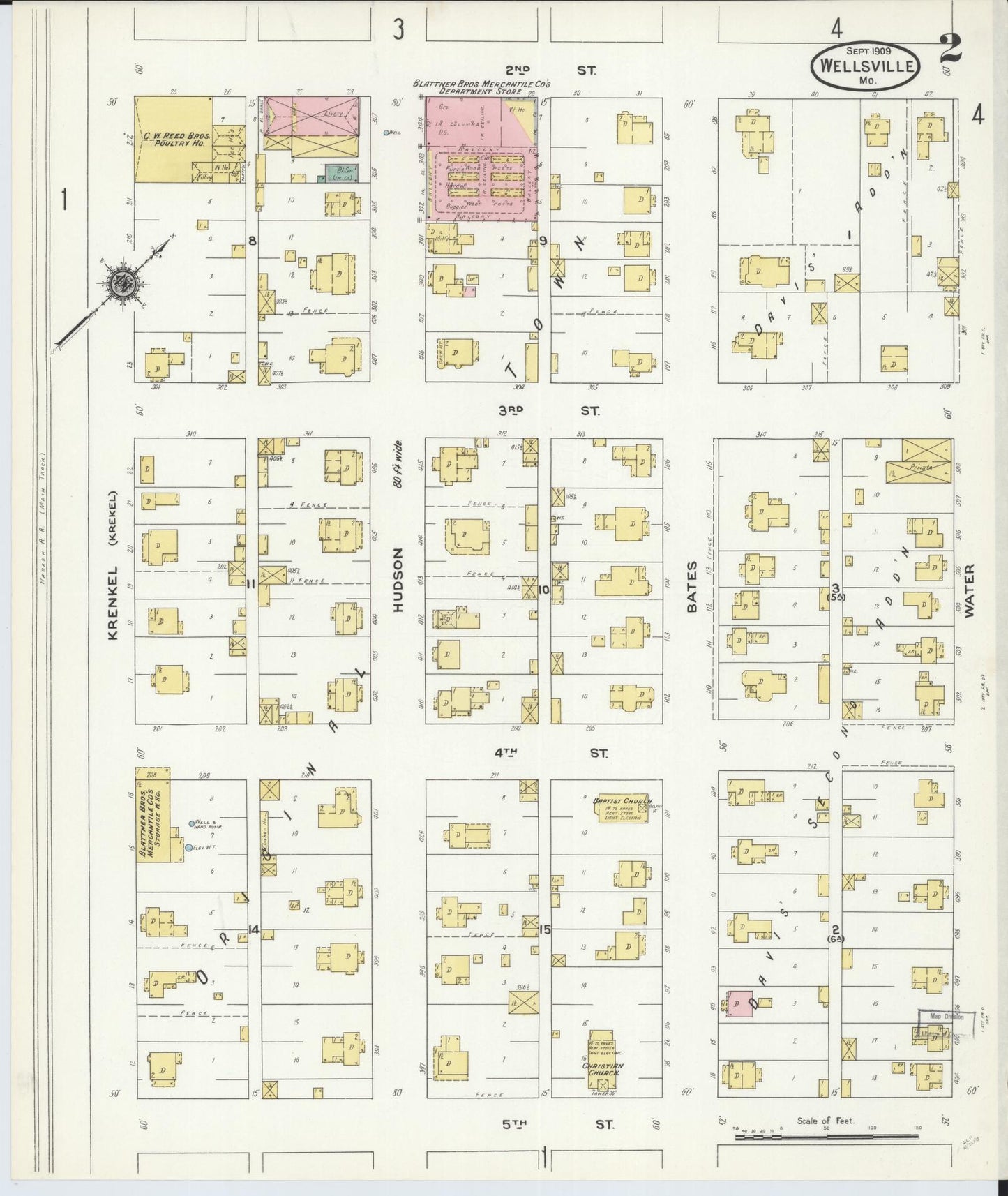 Sanborn Fire Insurance Map from Wellsville, Montgomery County, Missouri (1909), Sheet #0002 - Historic Sanborn Fire Insurance Map Print, vintage old map wall art, antique decor, genealogy gift, Missouri Missouri map