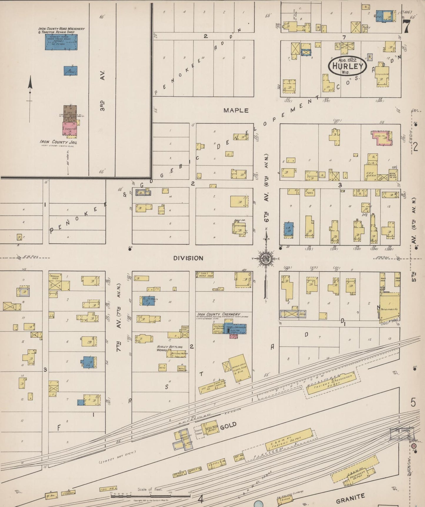 Sanborn Fire Insurance Map from Hurley, Iron County, Wisconsin (1922), Sheet #0007 - Complete Map Set gallery image, historic Sanborn map, vintage wall art, Wisconsin Wisconsin