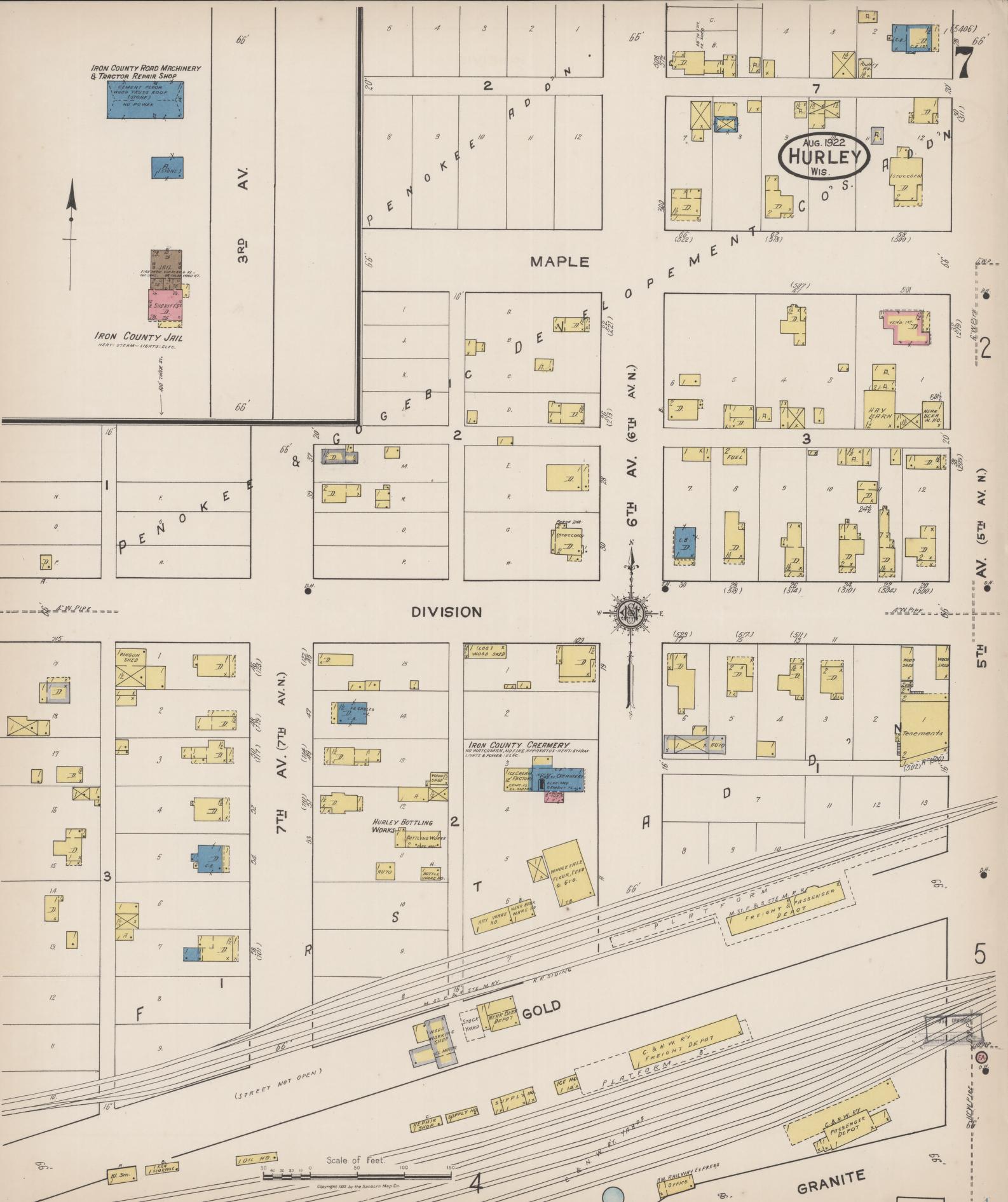 Sanborn Fire Insurance Map from Hurley, Iron County, Wisconsin (1922), Sheet #0007 - Complete Map Set gallery image, historic Sanborn map, vintage wall art, Wisconsin Wisconsin