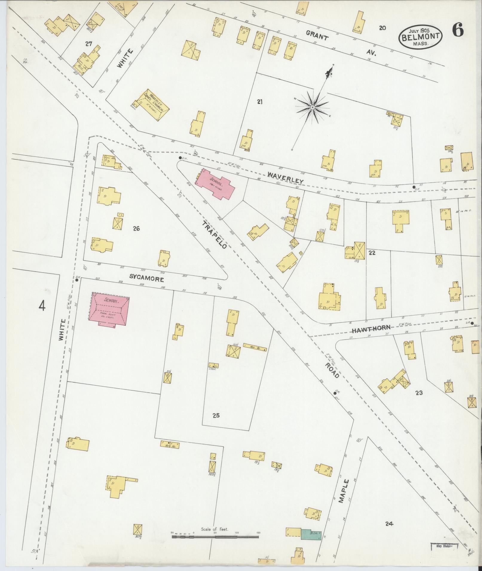 Sanborn Fire Insurance Map from Belmont, Middlesex County, Massachusetts (1905), Sheet #0006 - Historic Sanborn Fire Insurance Map Print, vintage old map wall art, antique decor, genealogy gift, Massachusetts Massachusetts map
