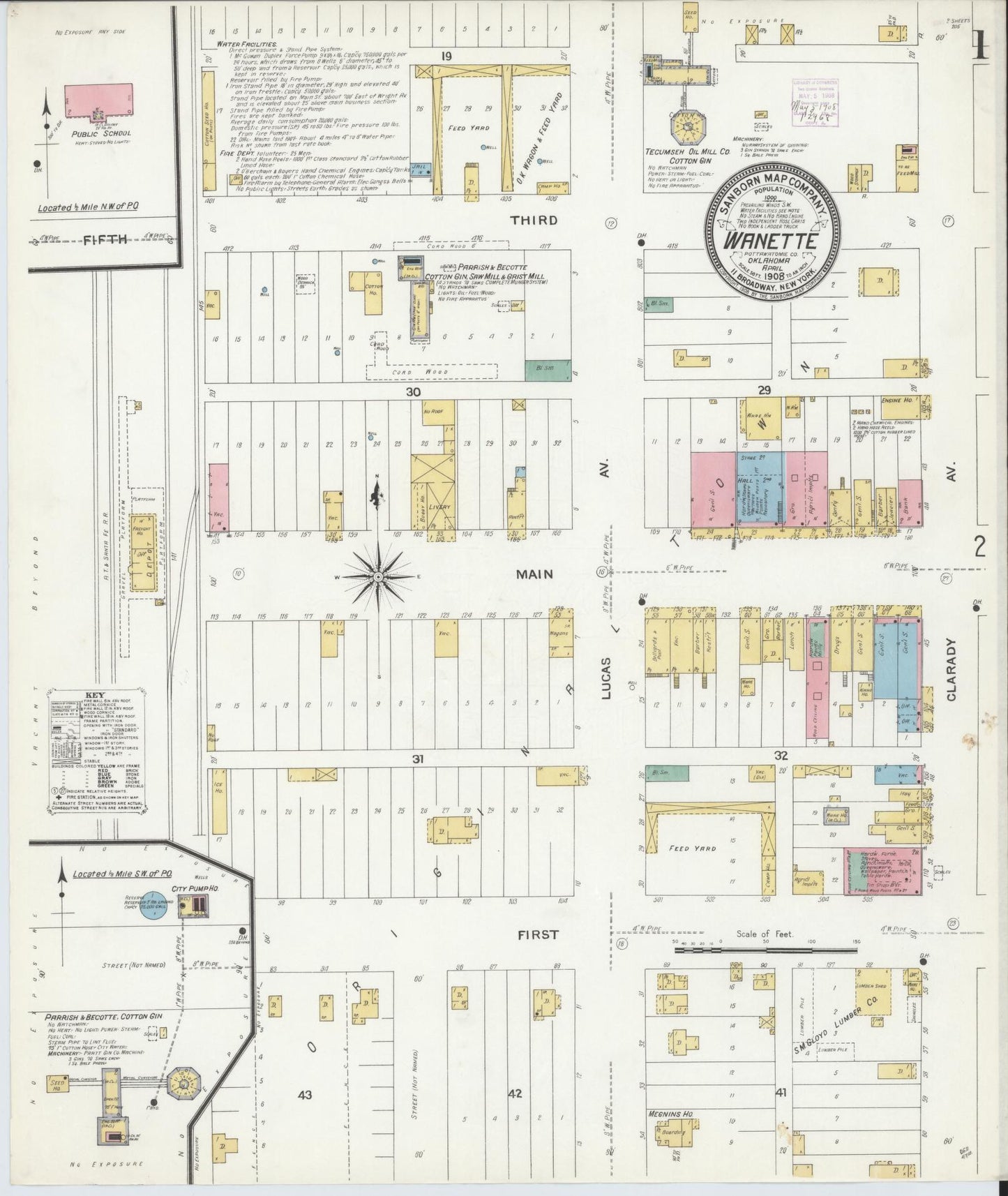Sanborn Fire Insurance Map from Wanette, Pottawatomie County, Oklahoma (1908), Sheet #0001 - Complete Map Set gallery image, historic Sanborn map, vintage wall art, Oklahoma Oklahoma