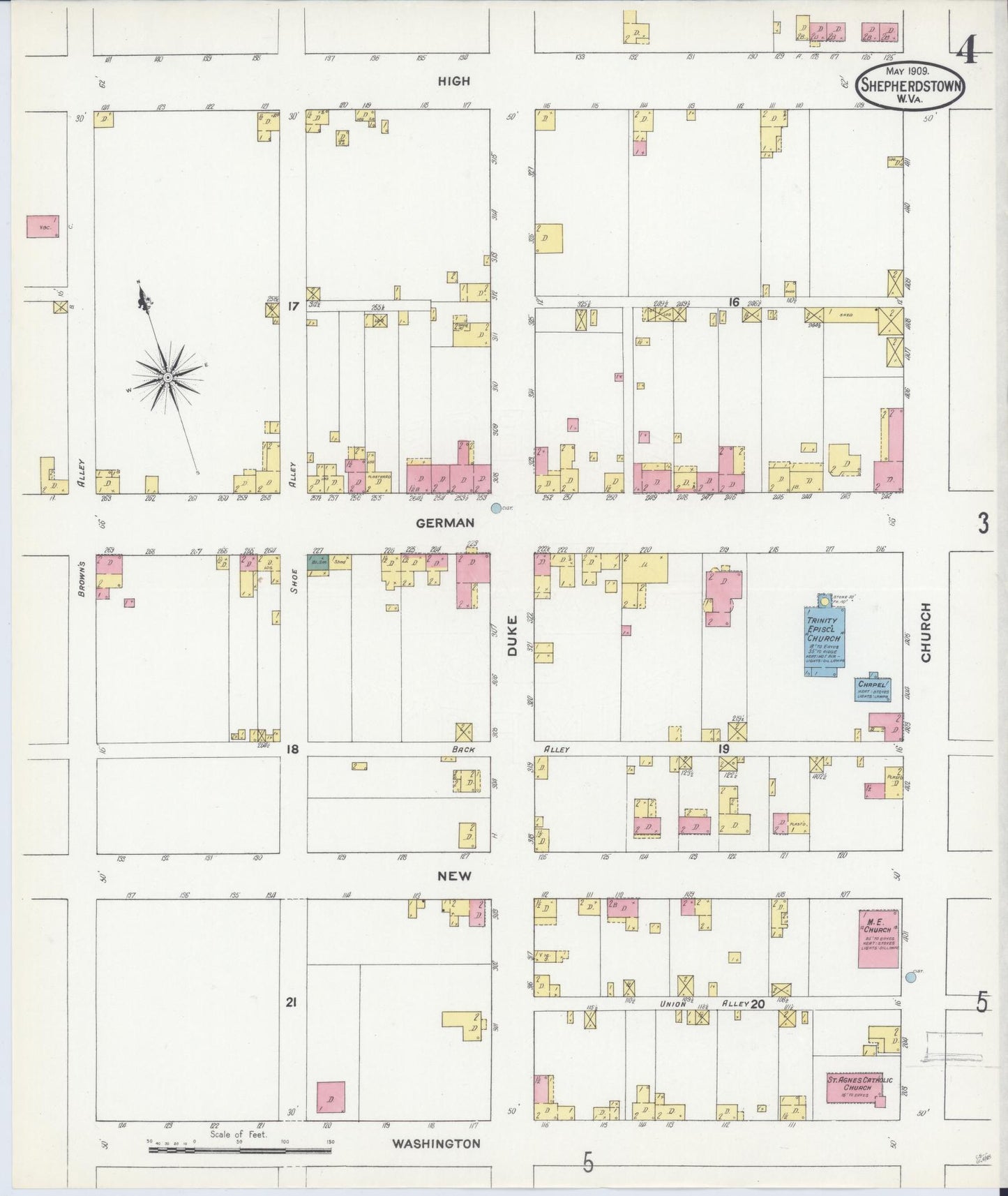 Sanborn Fire Insurance Map from Shepherdstown, Jefferson County, West Virginia (1909), Sheet #0004 - Complete Map Set gallery image, historic Sanborn map, vintage wall art, West Virginia West Virginia
