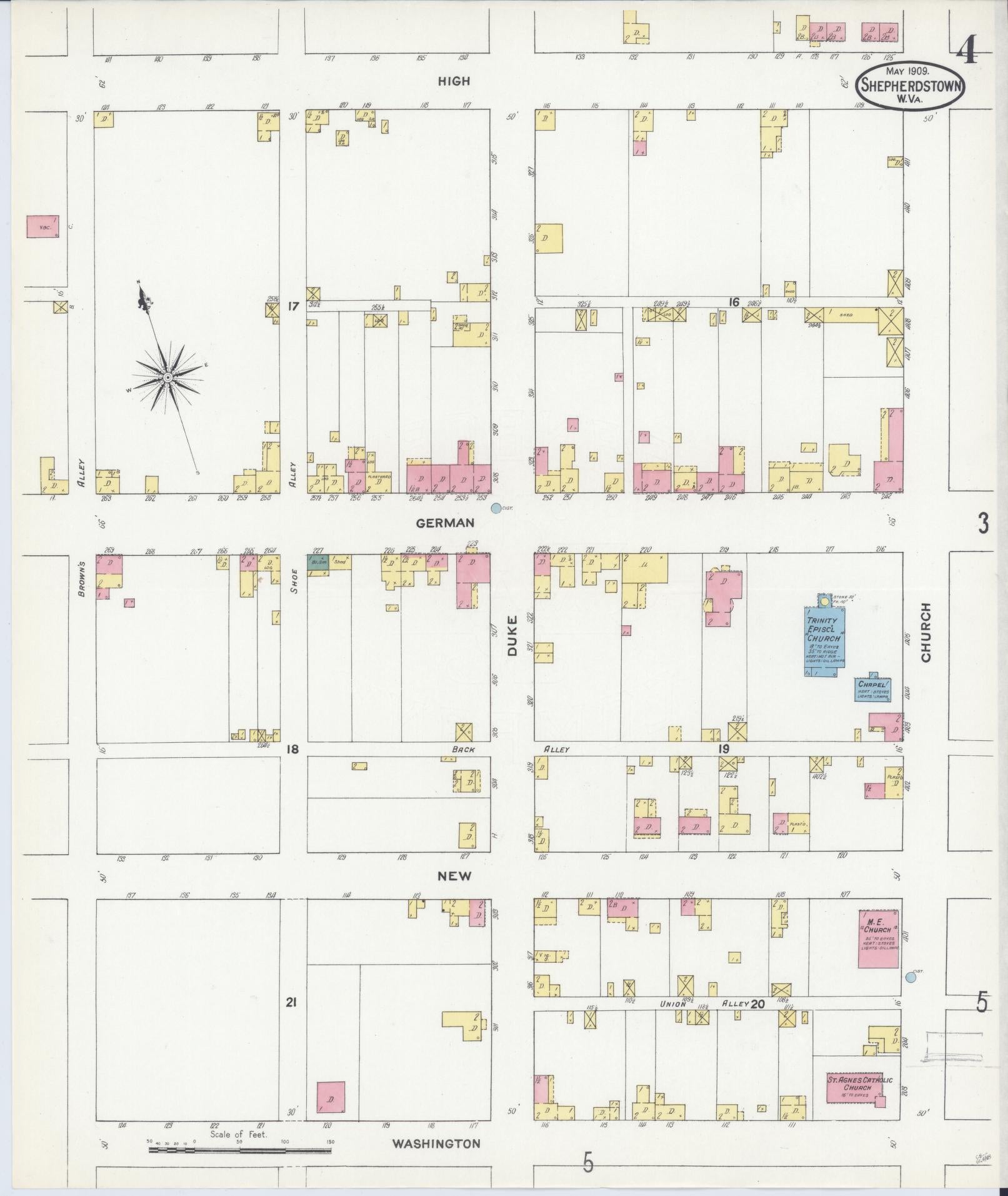 Sanborn Fire Insurance Map from Shepherdstown, Jefferson County, West Virginia (1909), Sheet #0004 - Complete Map Set gallery image, historic Sanborn map, vintage wall art, West Virginia West Virginia
