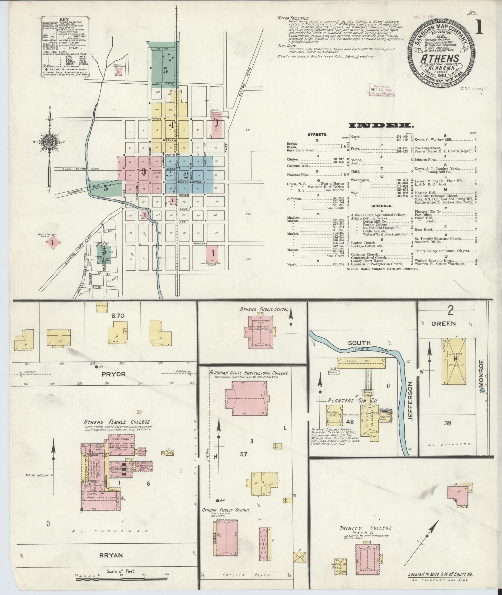 Sanborn Fire Insurance Map from Athens, Limestone County, Alabama (1910), Sheet #0001 - Historic Sanborn Fire Insurance Map Print, vintage old map wall art, antique decor, genealogy gift, Alabama Alabama map