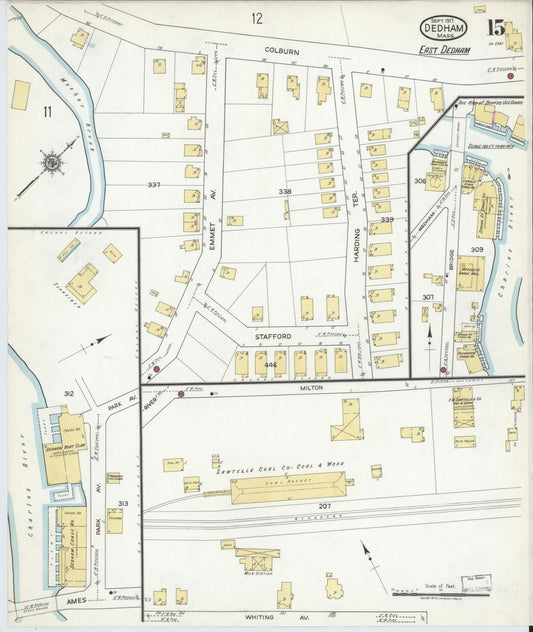 Sanborn Fire Insurance Map from Dedham, Norfolk County, Massachusetts (1917), Sheet #0015 - Historic Sanborn Fire Insurance Map Print, vintage old map wall art, antique decor, genealogy gift, Massachusetts Massachusetts map