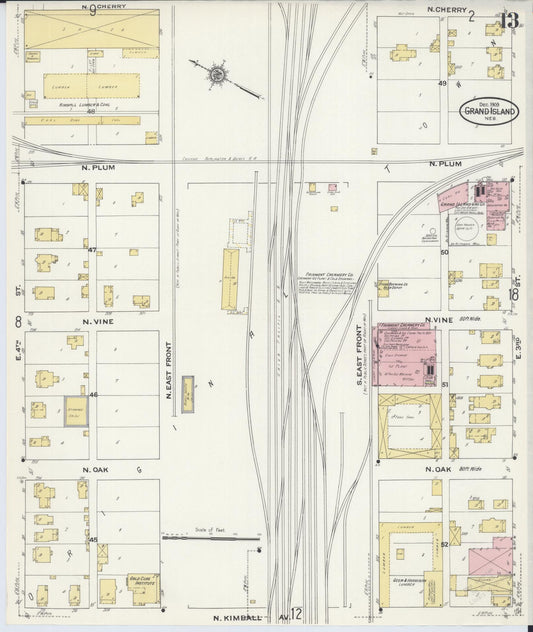 Sanborn Fire Insurance Map from Grand Island, Hall County, Nebraska (1909), Sheet #0013 - Historic Sanborn Fire Insurance Map Print, vintage old map wall art, antique decor, genealogy gift, Nebraska Nebraska map