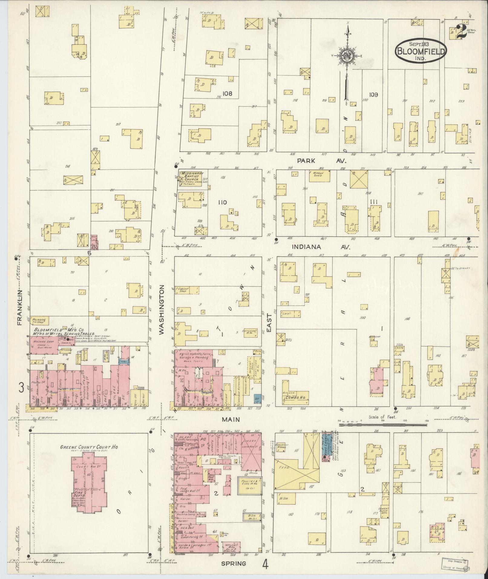 Sanborn Fire Insurance Map from Bloomfield, Greene County, Indiana (1913), Sheet #0002 - Complete Map Set gallery image, historic Sanborn map, vintage wall art, Indiana Indiana