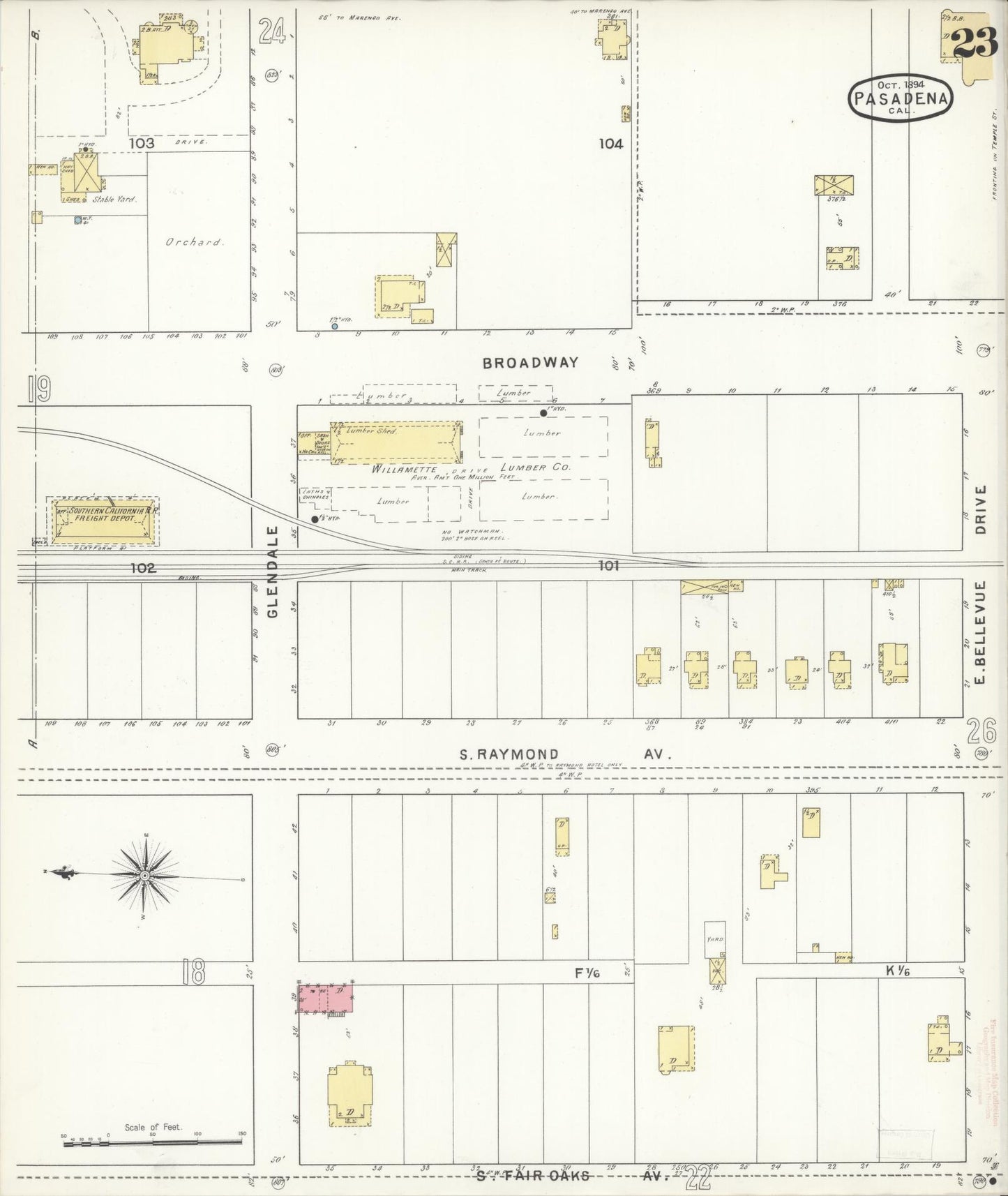 Sanborn Fire Insurance Map from Pasadena, Los Angeles County, California (1894), Sheet #0023 - Complete Map Set gallery image, historic Sanborn map, vintage wall art, California California