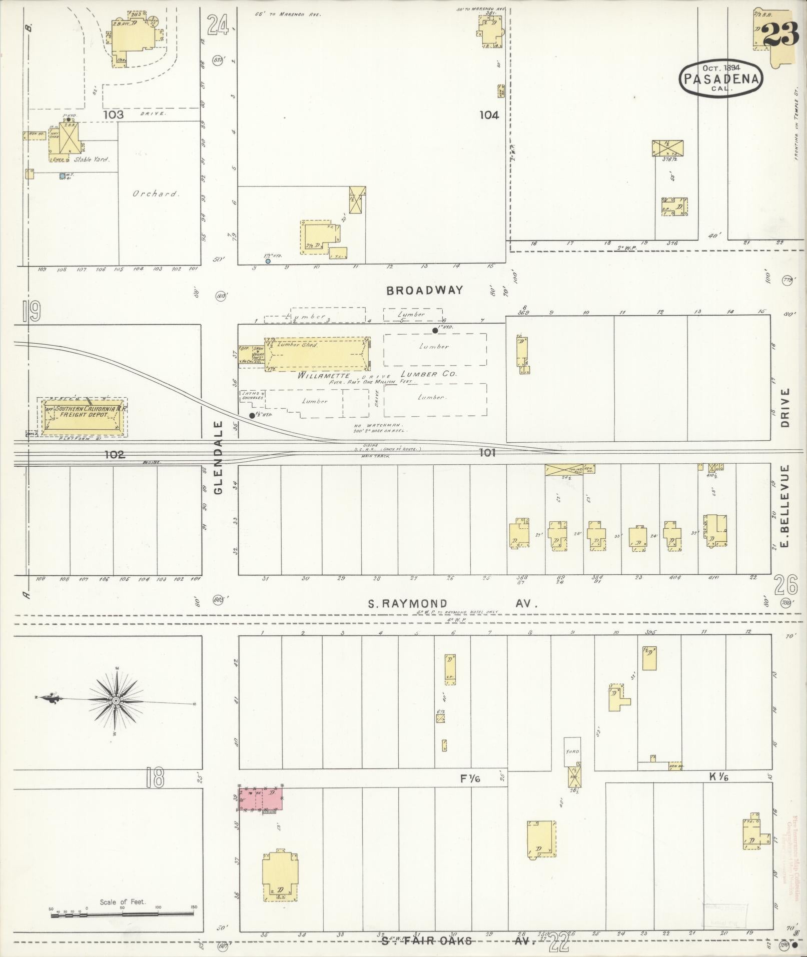 Sanborn Fire Insurance Map from Pasadena, Los Angeles County, California (1894), Sheet #0023 - Complete Map Set gallery image, historic Sanborn map, vintage wall art, California California