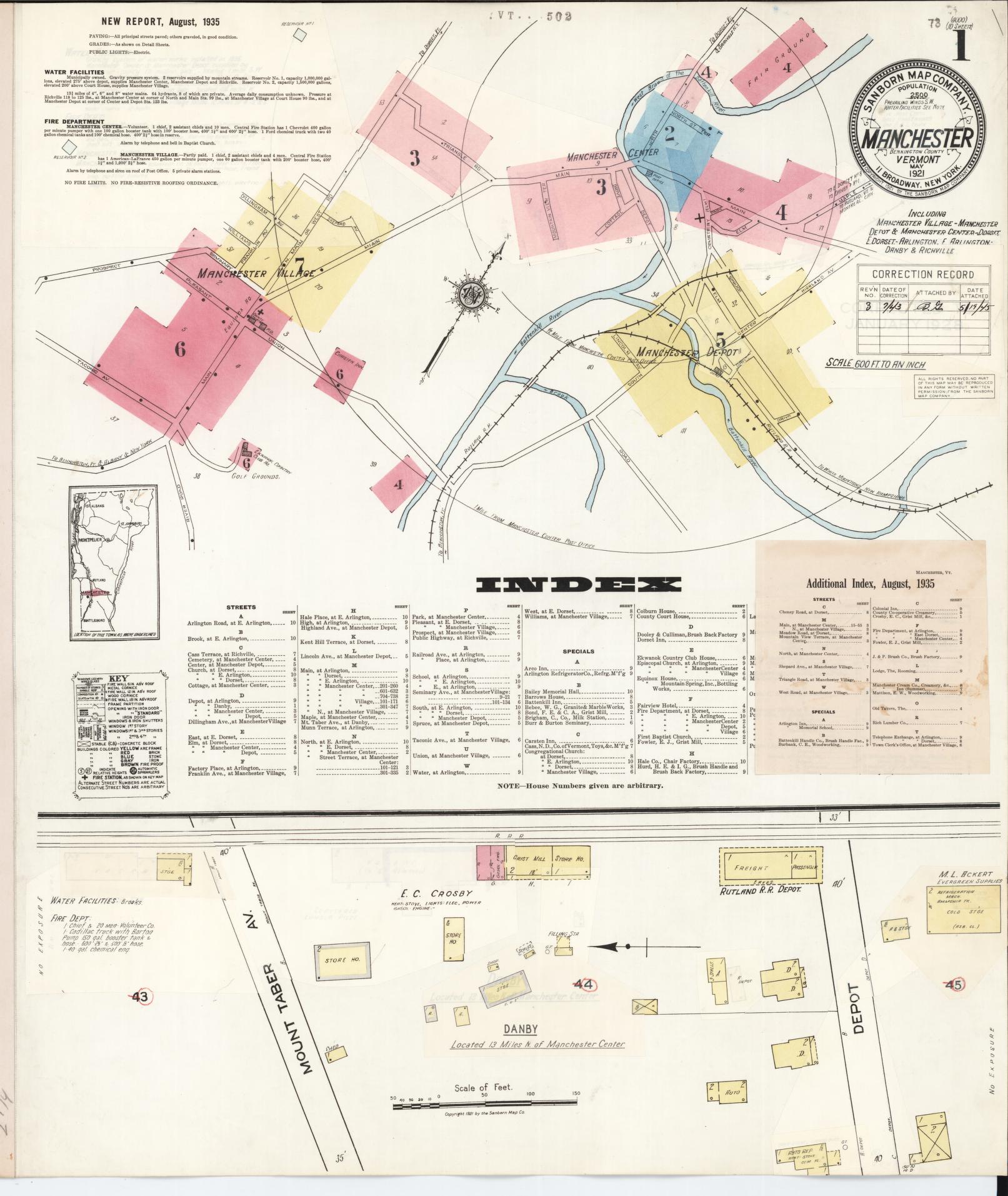 Sanborn Fire Insurance Map from Manchester, Bennington County, Vermont. (1943), Sheet 1 – Historic Sanborn Fire Insurance Map Print