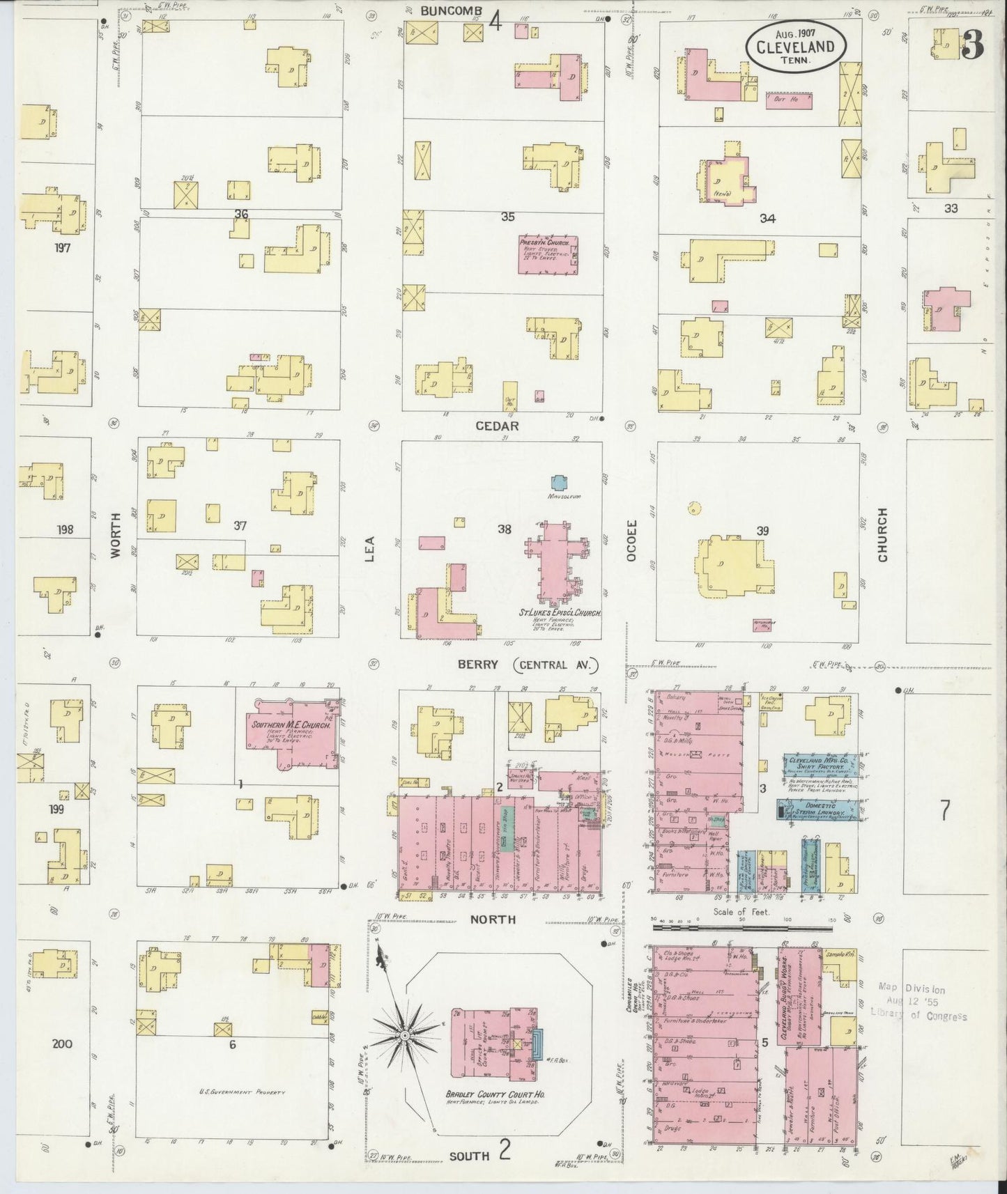 Sanborn Fire Insurance Map from Cleveland, Bradley County, Tennessee (1907), Sheet #0003 - Complete Map Set gallery image, historic Sanborn map, vintage wall art, Tennessee Tennessee