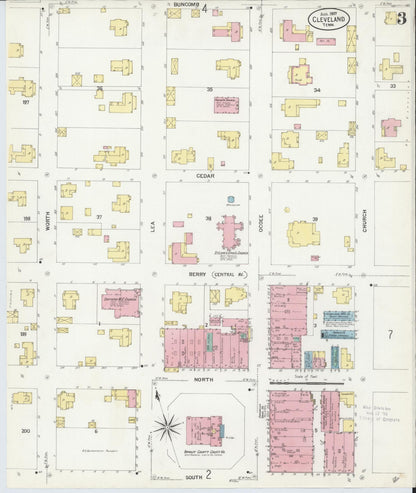 Sanborn Fire Insurance Map from Cleveland, Bradley County, Tennessee (1907), Sheet #0003 - Complete Map Set gallery image, historic Sanborn map, vintage wall art, Tennessee Tennessee