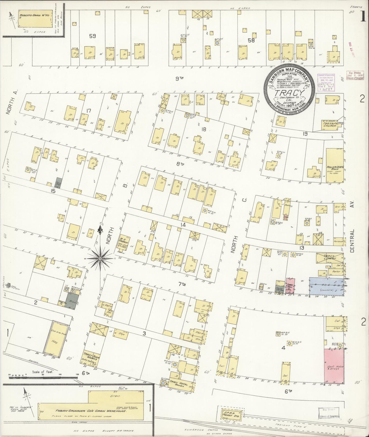 Sanborn Fire Insurance Map from Tracy, San Joaquin County, California (1907), Sheet #0001 - Complete Map Set gallery image, historic Sanborn map, vintage wall art, California California
