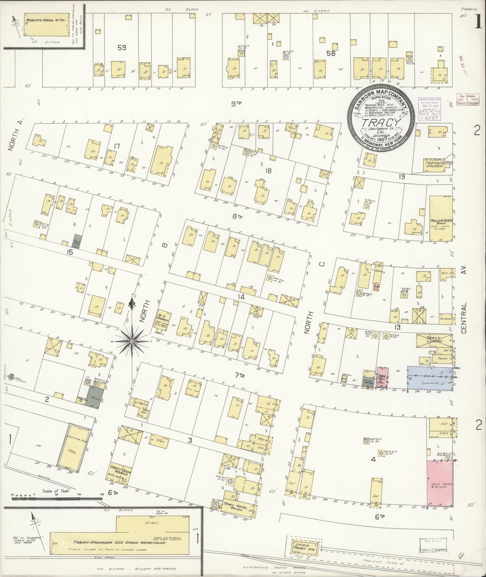 Sanborn Fire Insurance Map from Tracy, San Joaquin County, California (1907), Sheet #0001 - Complete Map Set gallery image, historic Sanborn map, vintage wall art, California California
