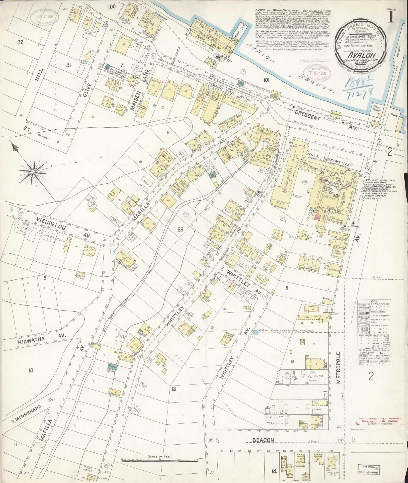 Sanborn Fire Insurance Map from Avalon, Los Angeles County, California (1898), Sheet #0001 - Historic Sanborn Fire Insurance Map Print, vintage old map wall art, antique decor, genealogy gift, California California map