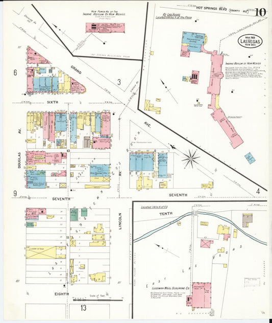 Sanborn Fire Insurance Map from Las Vegas, San Miguel County, New Mexico (1908), Sheet #0010 - Historic Sanborn Fire Insurance Map Print, vintage old map wall art, antique decor, genealogy gift, New Mexico New Mexico map