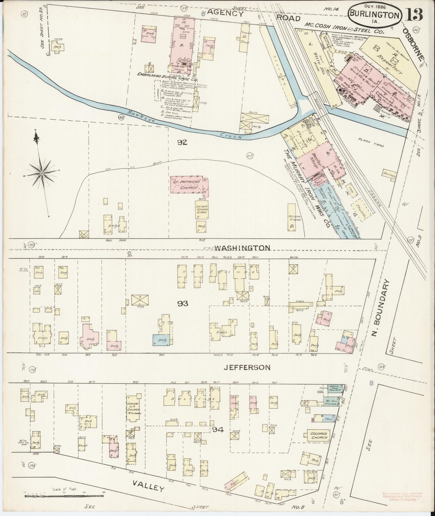 Sanborn Fire Insurance Map from Burlington, Des Moines County, Iowa (1888), Sheet #0013 - Historic Sanborn Fire Insurance Map Print, vintage old map wall art