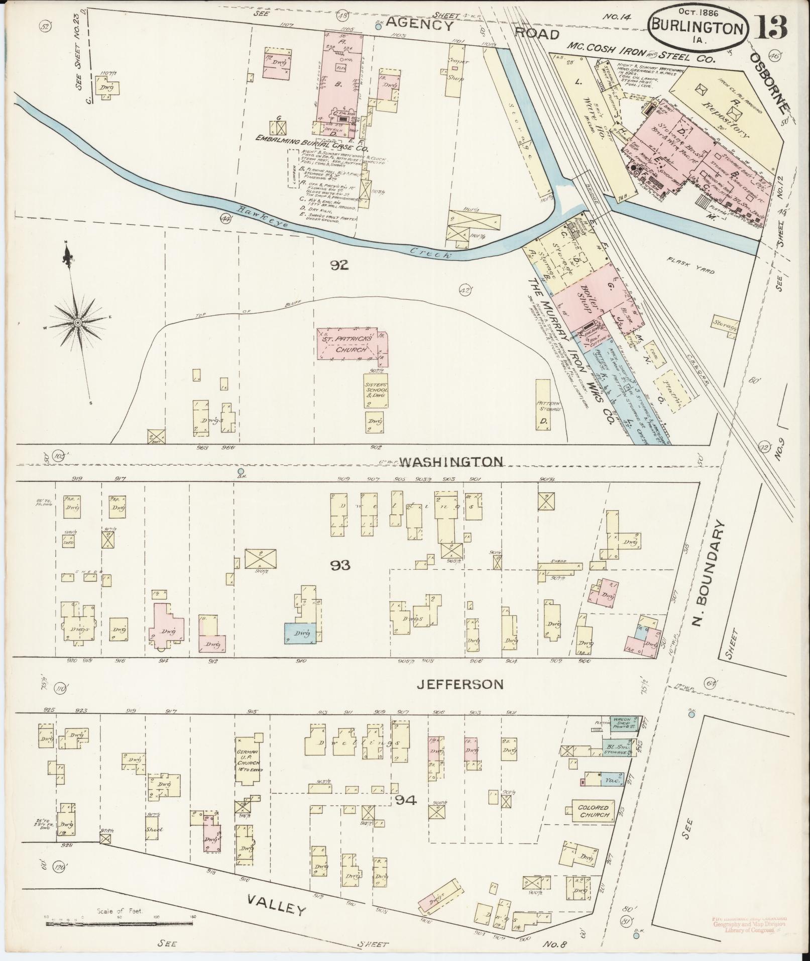 Sanborn Fire Insurance Map from Burlington, Des Moines County, Iowa (1888), Sheet #0013 - Historic Sanborn Fire Insurance Map Print, vintage old map wall art
