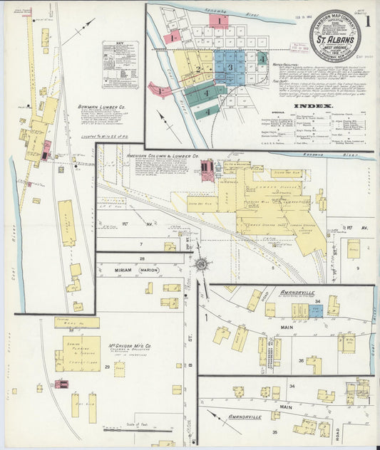 Sanborn Fire Insurance Map from Saint Albans, Kanawha County, West Virginia (1912), Sheet #0001 - Historic Sanborn Fire Insurance Map Print, vintage old map wall art, antique decor, genealogy gift, West Virginia West Virginia map