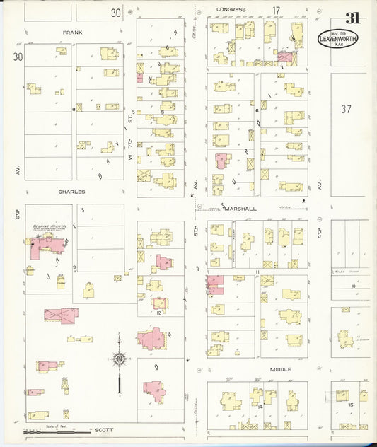 Sanborn Fire Insurance Map from Leavenworth, Leavenworth County, Kansas (1913), Sheet #0032 - Historic Sanborn Fire Insurance Map Print, vintage old map wall art, antique decor, genealogy gift, Kansas Kansas map