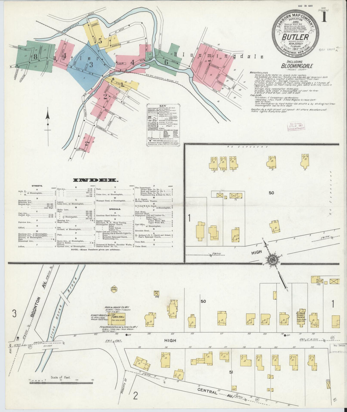 Sanborn Fire Insurance Map from Butler, Morris County, New Jersey (1911), Sheet #0001 - Historic Sanborn Fire Insurance Map Print, vintage old map wall art, antique decor, genealogy gift, New Jersey New Jersey map
