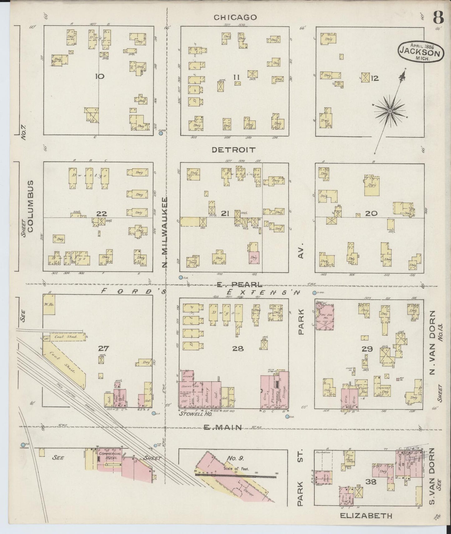 Sanborn Fire Insurance Map from Jackson, Jackson County, Michigan (1886), Sheet #0008 - Historic Sanborn Fire Insurance Map Print, vintage old map wall art, antique decor, genealogy gift, Michigan Michigan map
