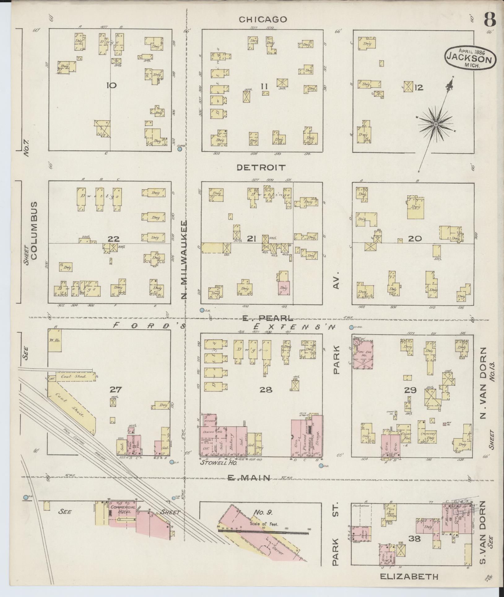 Sanborn Fire Insurance Map from Jackson, Jackson County, Michigan (1886), Sheet #0008 - Historic Sanborn Fire Insurance Map Print, vintage old map wall art, antique decor, genealogy gift, Michigan Michigan map
