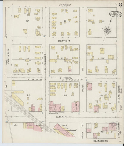 Sanborn Fire Insurance Map from Jackson, Jackson County, Michigan (1886), Sheet #0008 - Historic Sanborn Fire Insurance Map Print, vintage old map wall art, antique decor, genealogy gift, Michigan Michigan map